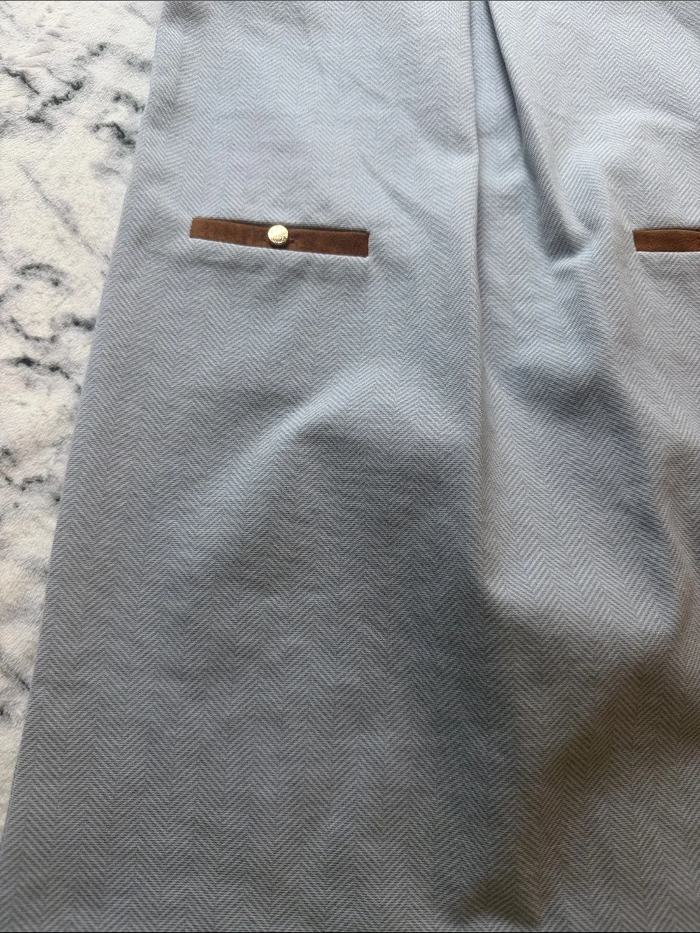 Hope & Henry Little Girls Light Blue Ponte A-Line Dress with Brown Trim Size 6.